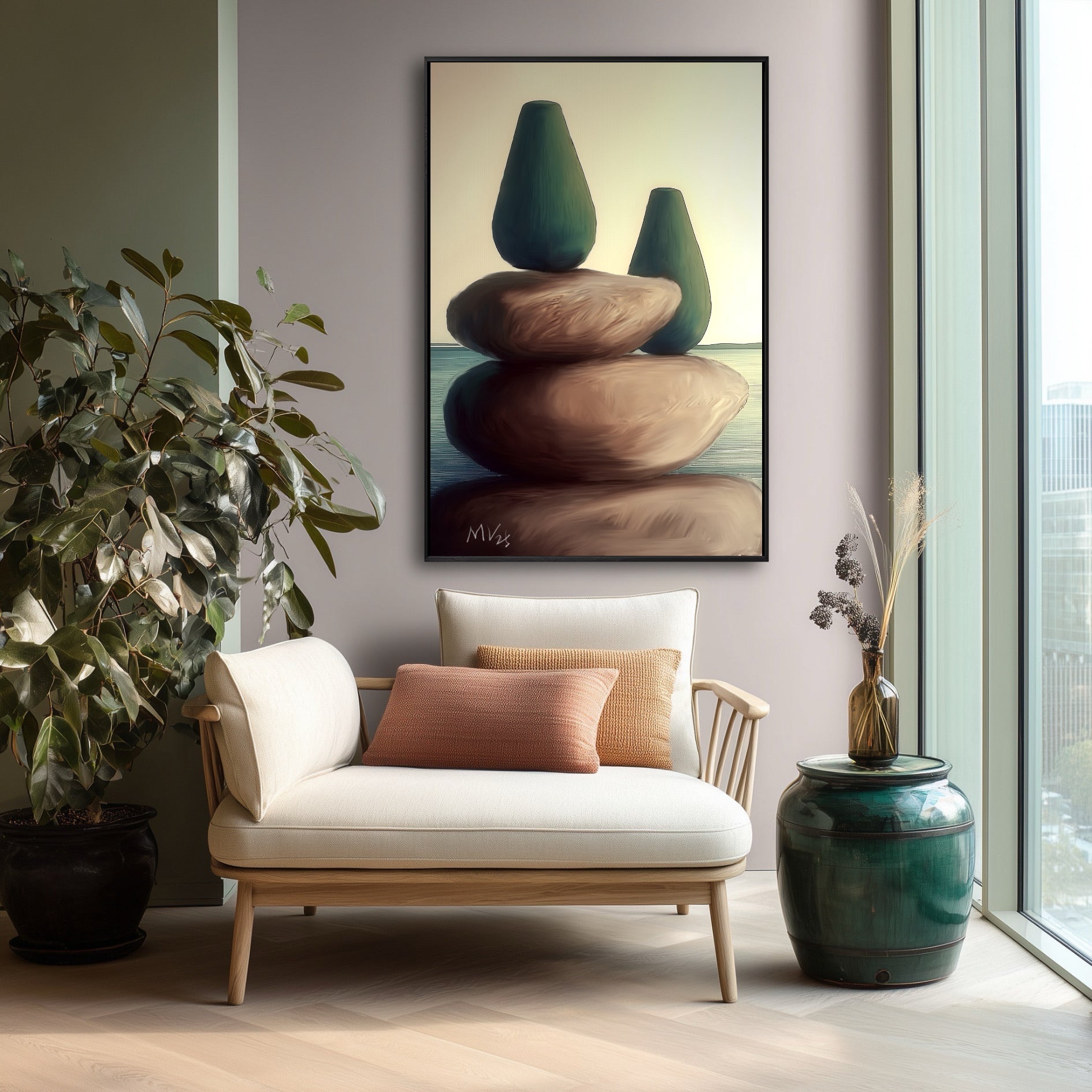 Serene minimalist art creates a sophisticated, quiet reading nook atmosphere alongside a modern white chaise lounge.