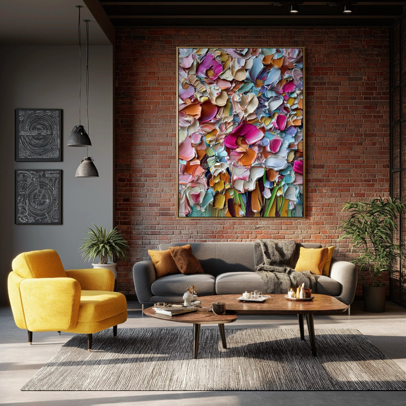 Vibrant floral art unifies the eclectic industrial space, balancing the red brick wall, gray sofa, and yellow armchair accent.