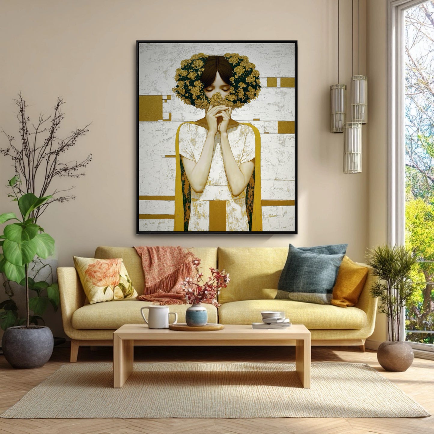 Textured portrait art with a floral crown. Oversized wall art for a modern, open-concept living room with a neutral palette and bold yellow accents.