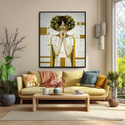 Textured portrait art with a floral crown. Oversized wall art for a modern, open-concept living room with a neutral palette and bold yellow accents.
