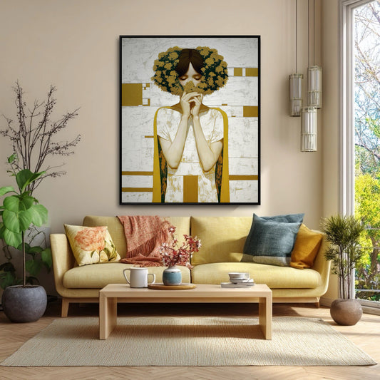 Textured portrait art with a floral crown. Oversized wall art for a modern, open-concept living room with a neutral palette and bold yellow accents.