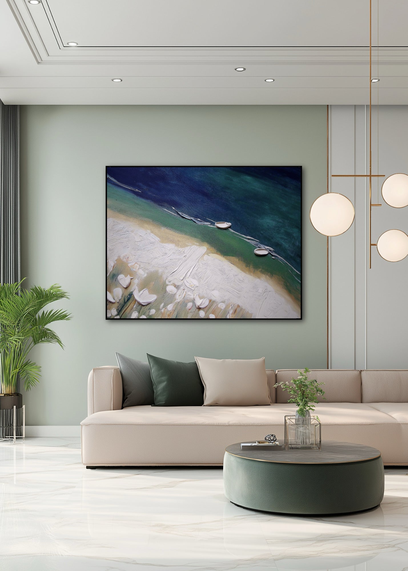 Cool tone aerial beach art creating a refreshing focal point on a soft green wall, enhancing the calm, minimalist living area.