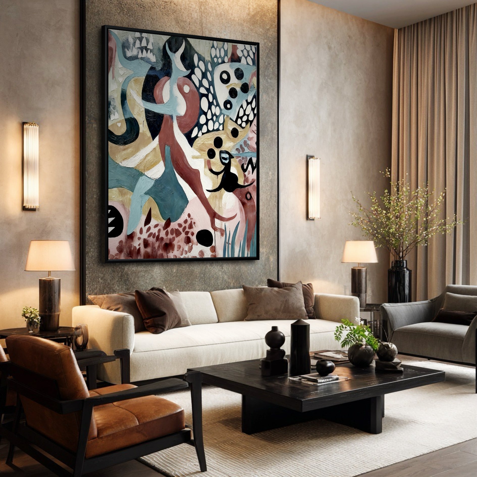 Original abstract canvas shown in a high-end, modern living room with neutral, earthy tones.