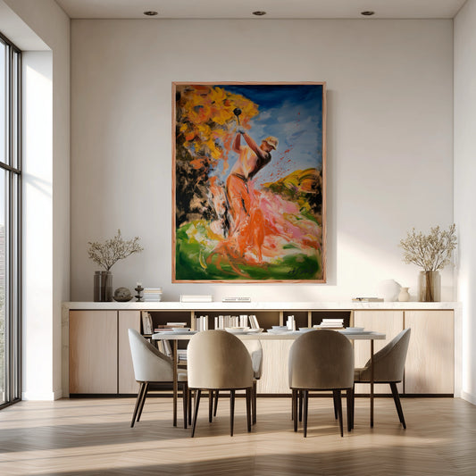 Impressionist golf wall art in a bright modern dining room. Warm autumn colors enhance the inviting, sunlit gathering space.