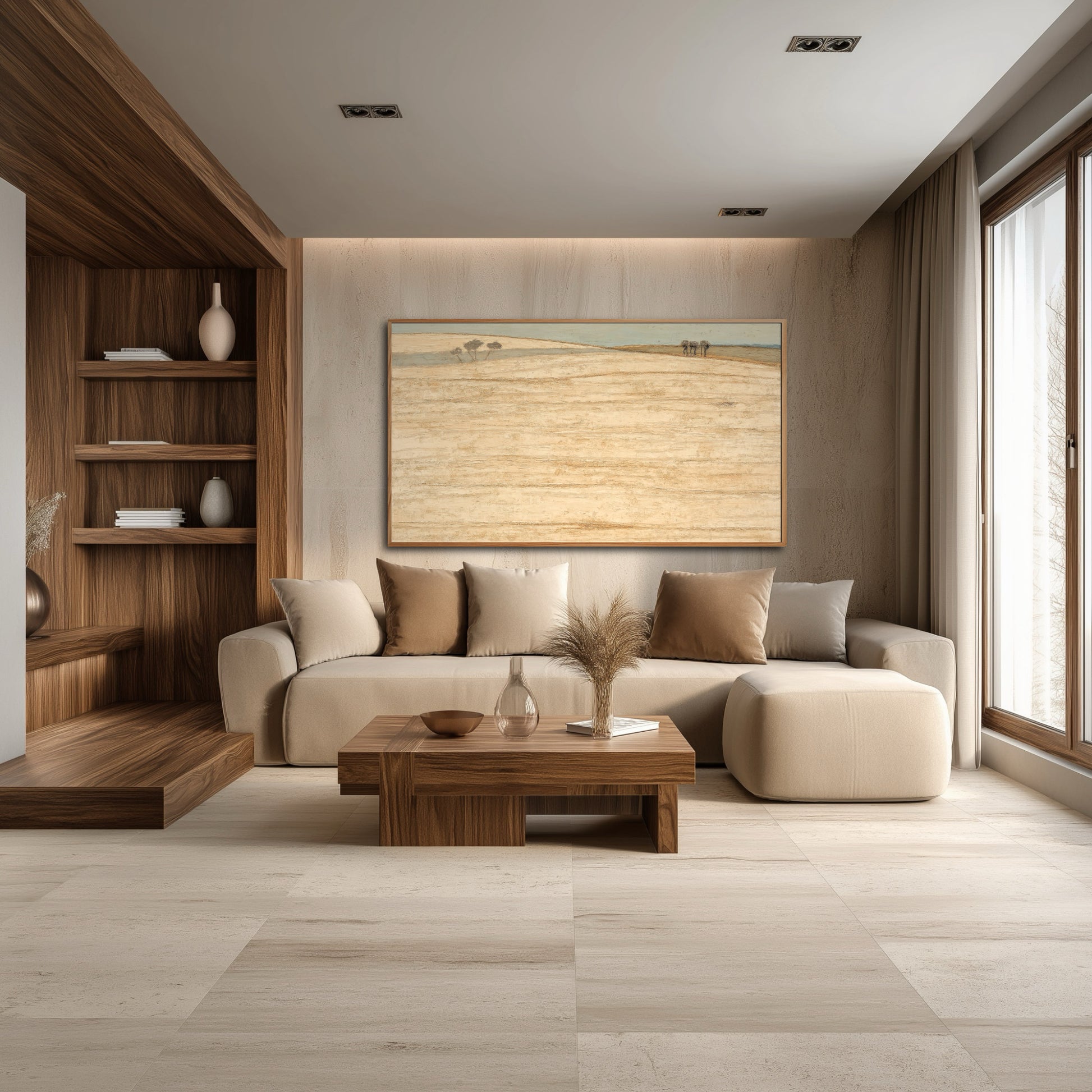 Textured landscape art softens the structured lines of a luxurious modern living room with dark wood built-ins and beige sectional sofa.