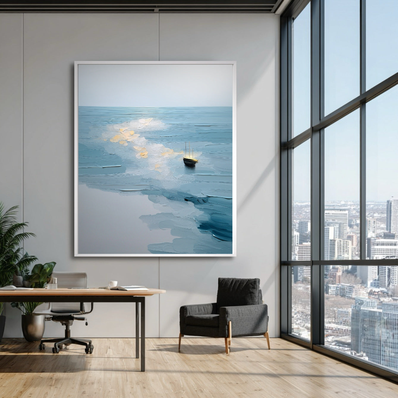 Original seascape artwork adding calm to a modern executive office with floor-to-ceiling city view windows, dark chair, and minimalist desk.
