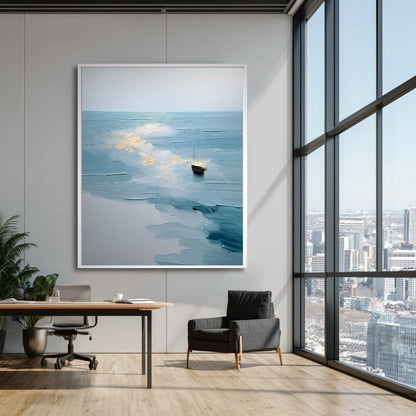 Original seascape artwork adding calm to a modern executive office with floor-to-ceiling city view windows, dark chair, and minimalist desk.