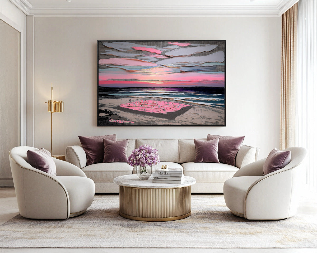 Elegant living room decor featuring a vibrant sunset painting centered above a sofa, complementing the plush velvet plum pillows and accent chairs.