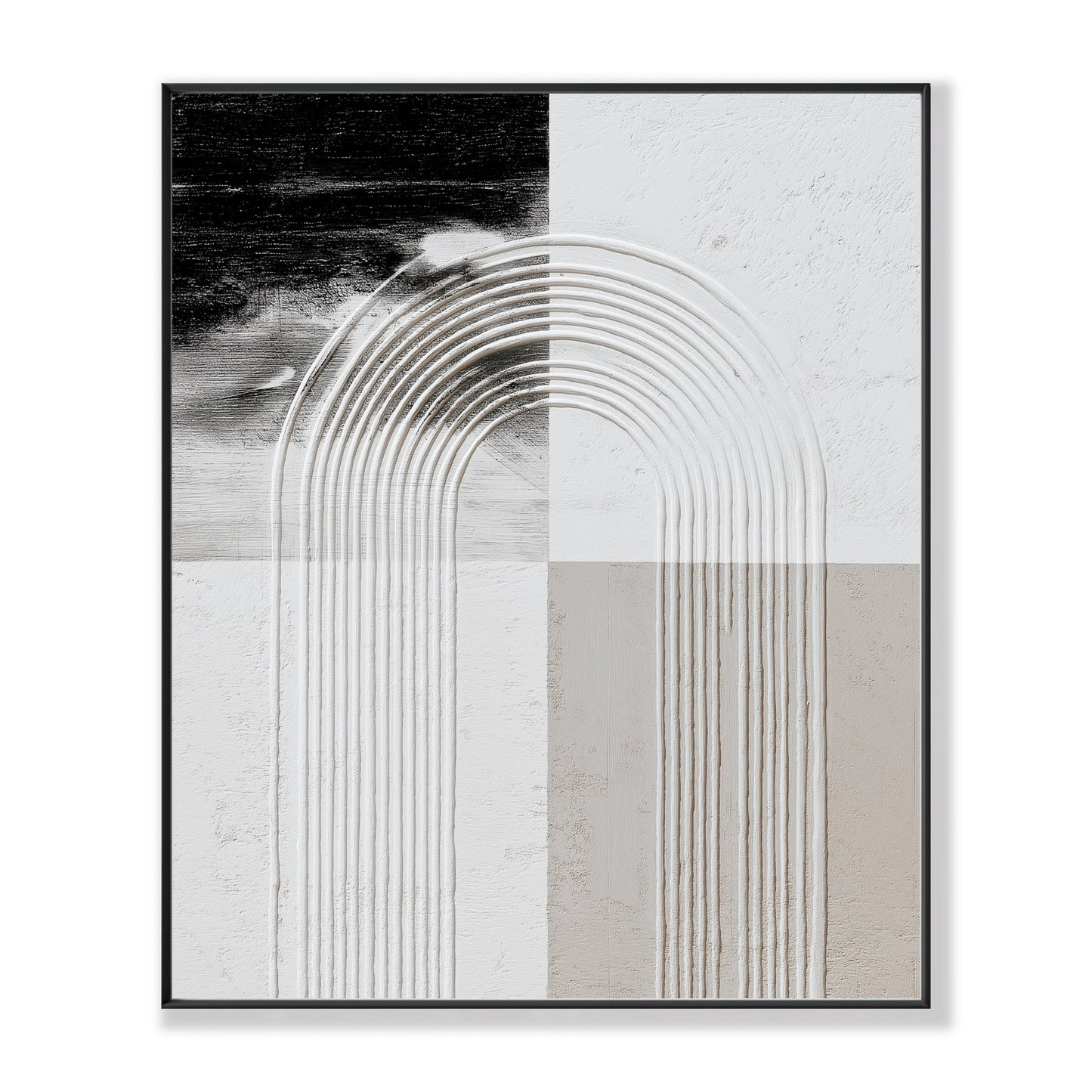 Original textured abstract painting. Features a geometric arch in neutral tones of black, white, and beige.