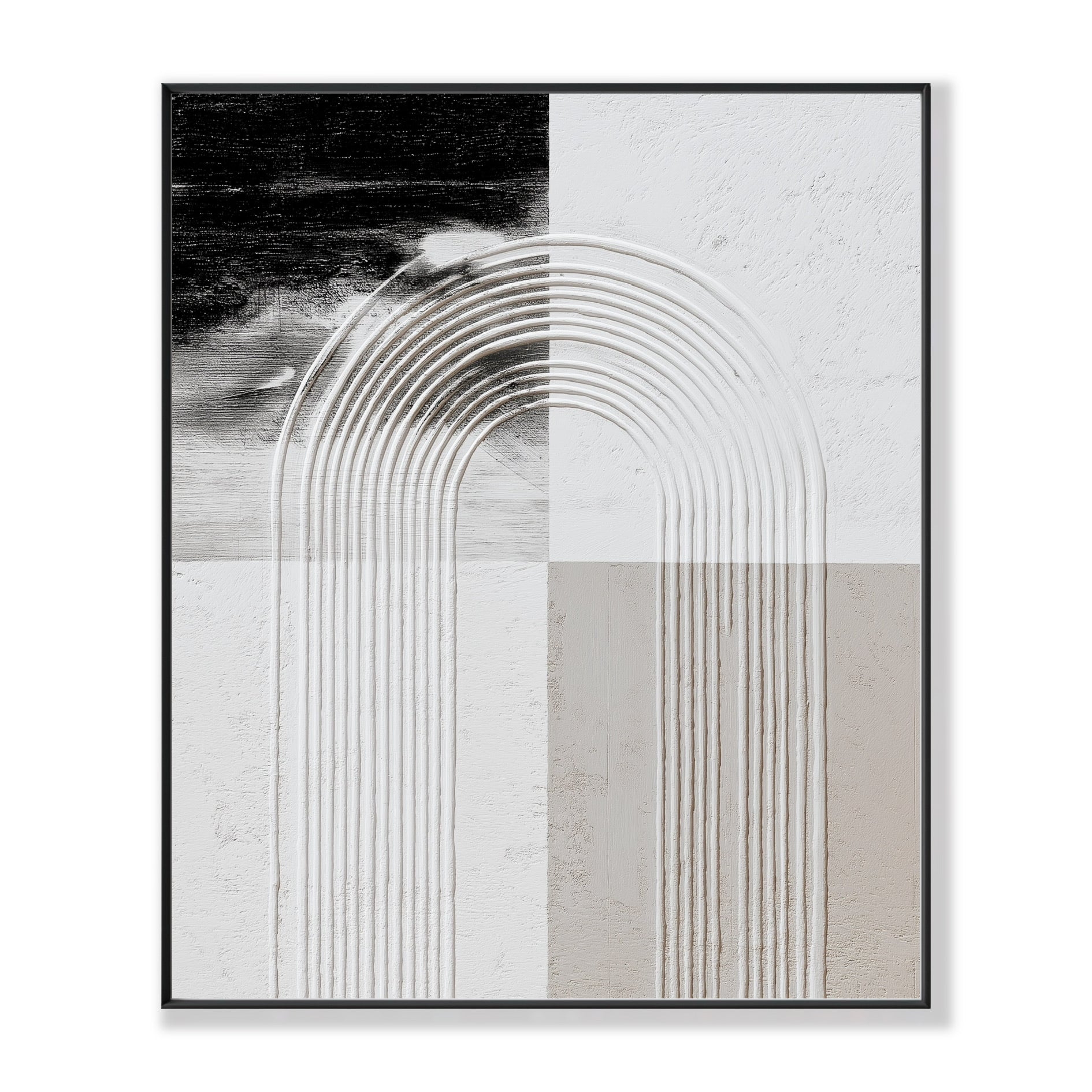 Original textured abstract painting. Features a geometric arch in neutral tones of black, white, and beige.