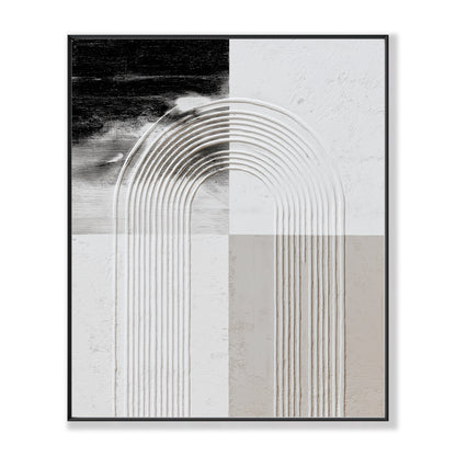 Original textured abstract painting. Features a geometric arch in neutral tones of black, white, and beige.