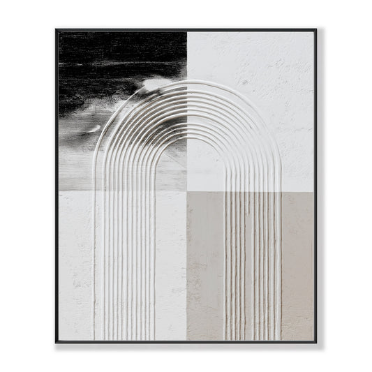 Original textured abstract painting. Features a geometric arch in neutral tones of black, white, and beige.