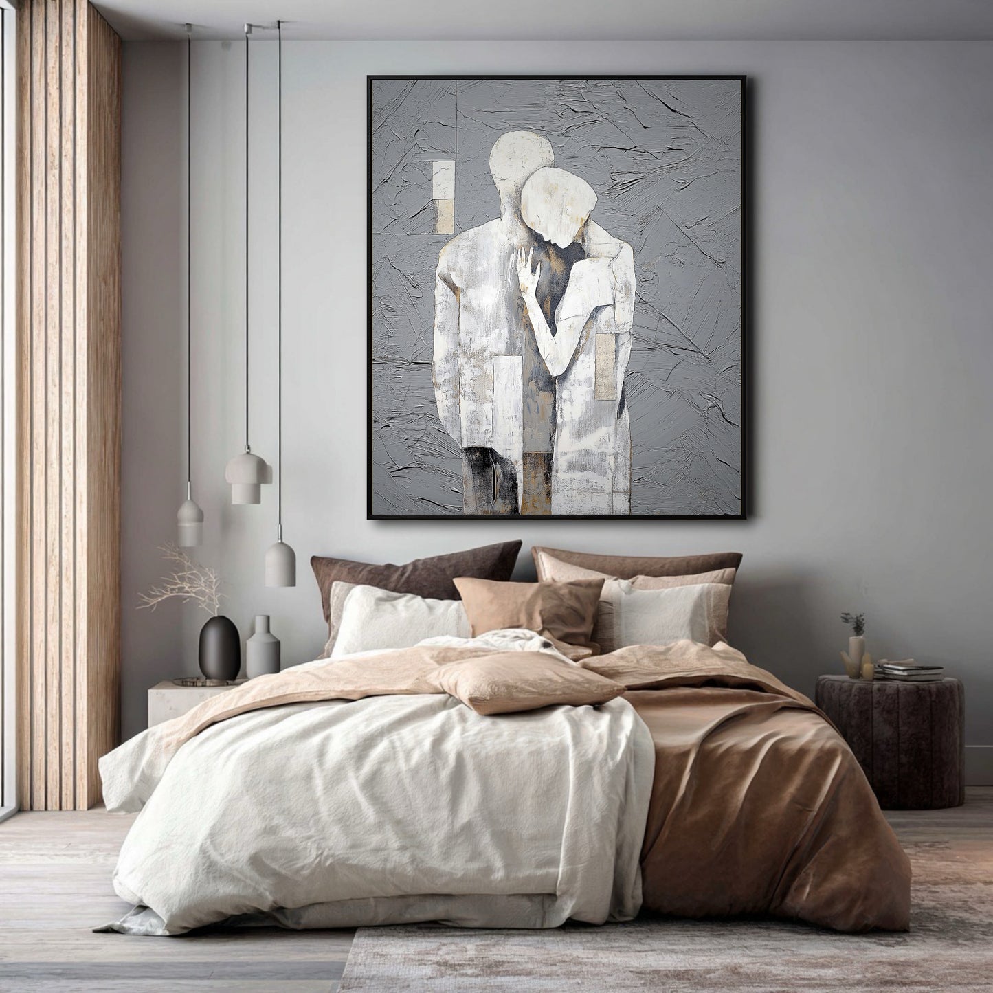 
Neutral tone, minimalist couple's painting. Modern bedroom wall art. Abstract lovers' embrace. Perfect for serene, contemporary interiors.