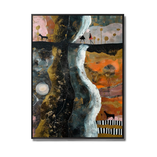 Original abstract landscape art. Warm ochre, black, and white textured painting with gold leaf accents and small silhouetted figures.