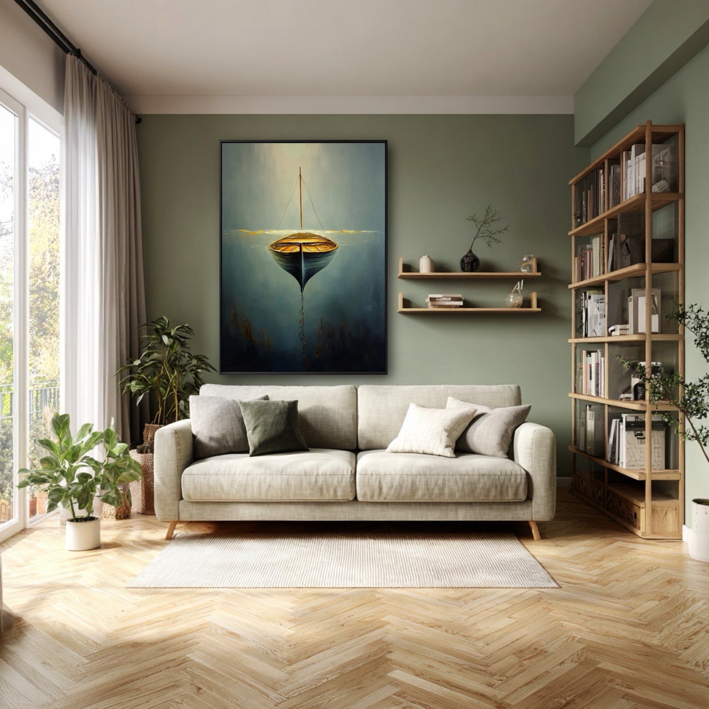 The surreal boat painting's cool water tones and natural theme complement the room's sage green walls and wooden bookshelf.