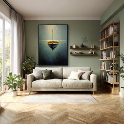 The surreal boat painting's cool water tones and natural theme complement the room's sage green walls and wooden bookshelf.