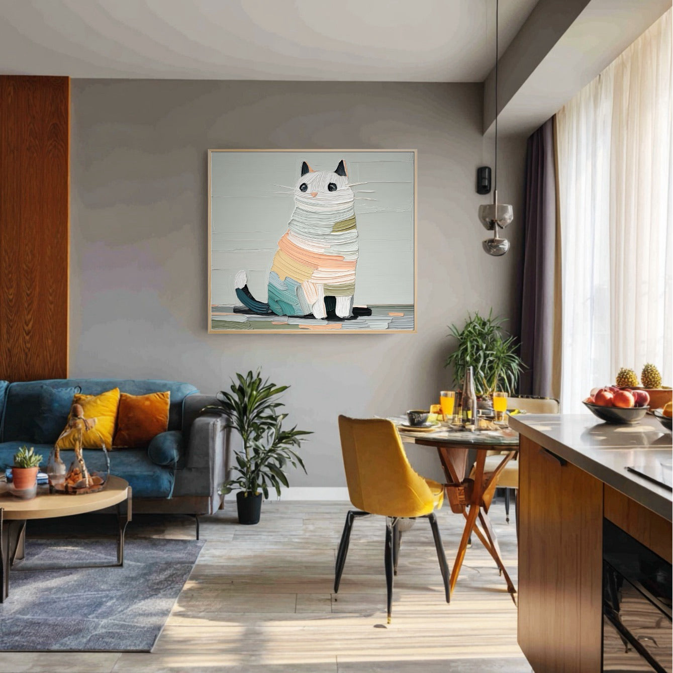 Colorful abstract cat painting contrasts a gray wall and blue velvet sofa, bringing a cheerful energy to a modern apartment open-plan living/dining space.