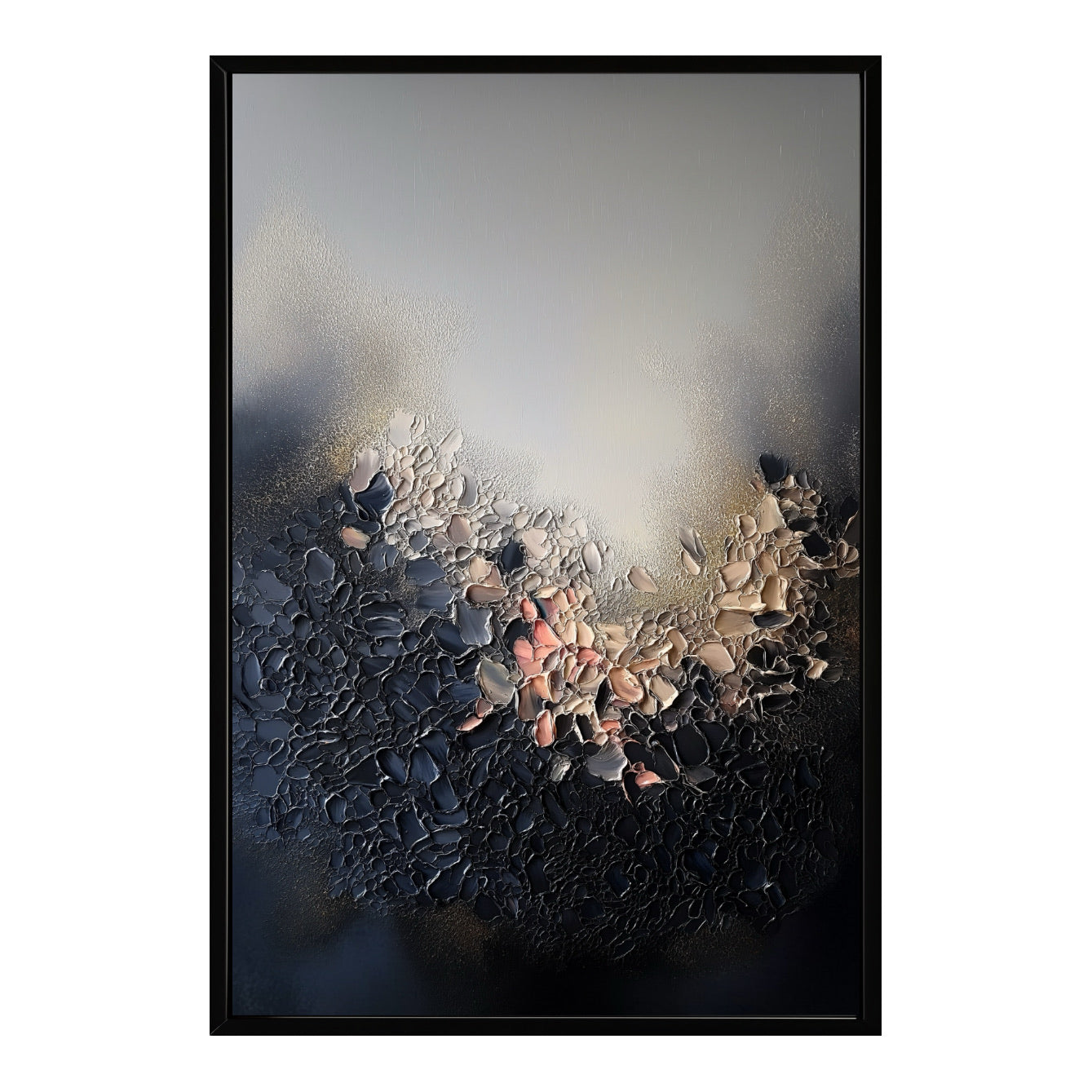 Original heavily textured abstract painting with impasto dark navy, charcoal, gold leaf, and soft light, creating a dramatic mood. Neutral tone.