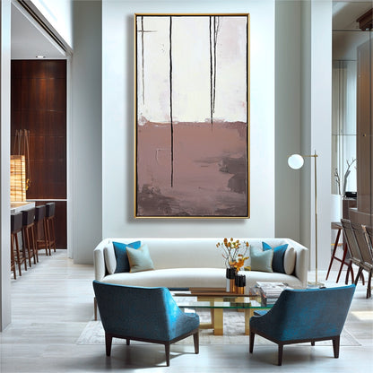 Contemporary abstract canvas with textured brown ground, soft cream sky, and bold vertical black strokes.