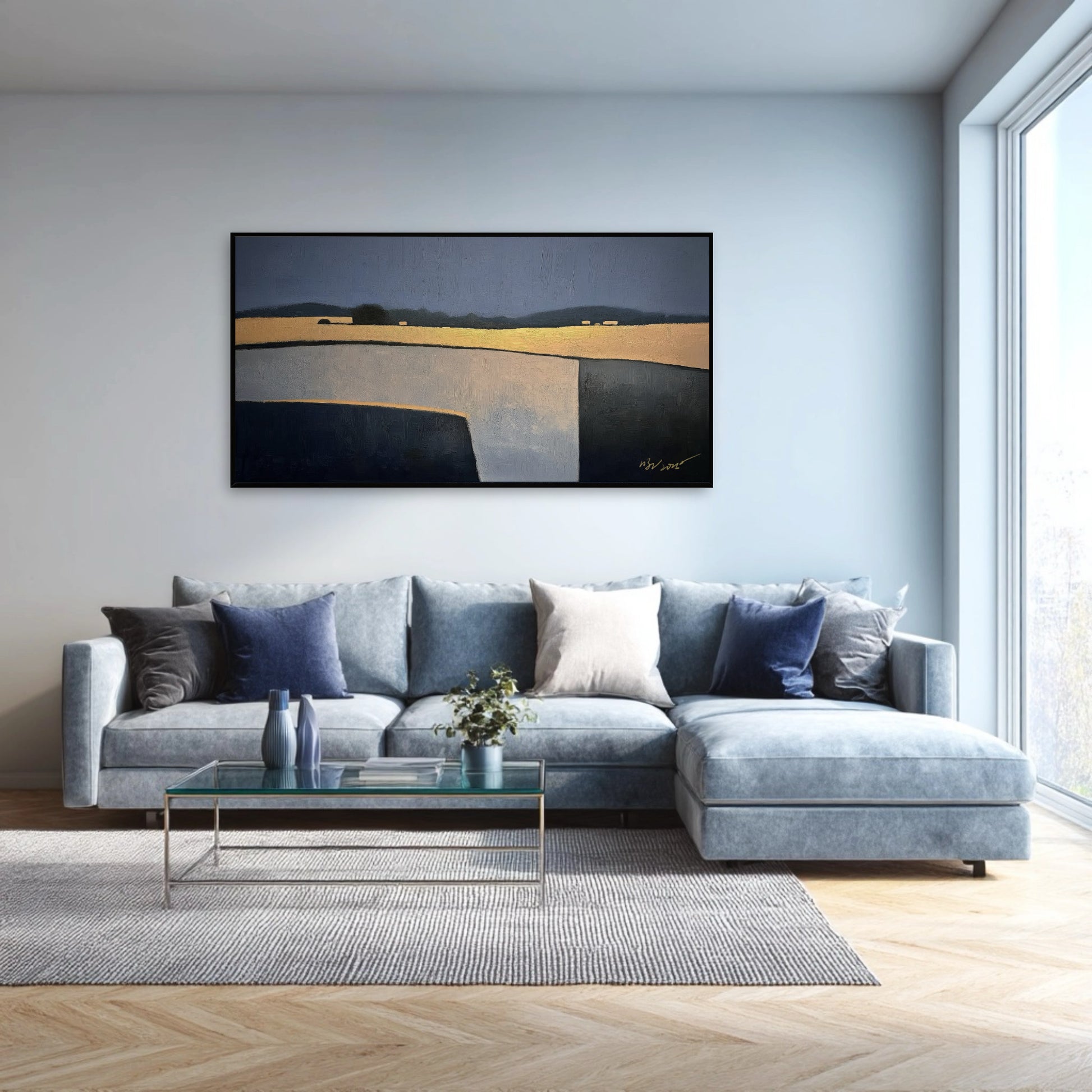 Abstract horizon art over a soft, light blue sectional sofa and glass table, adding bold contrast to the modern room.