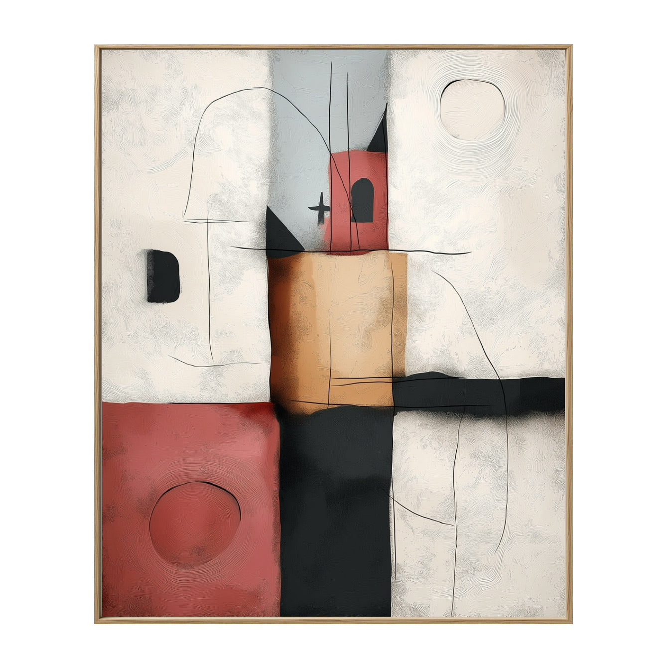 Original abstract geometric painting. Textured black, red, tan, and white cubes with linework. Modern expressionist style. Neutral/warm focus.