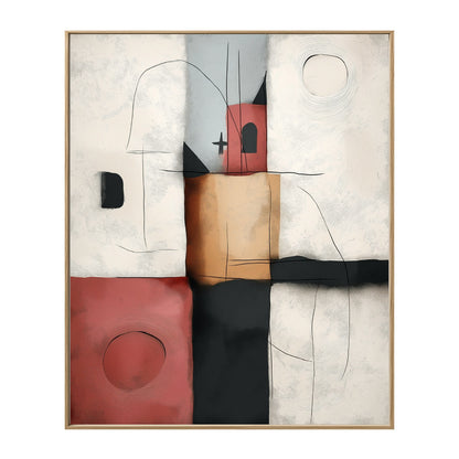 Original abstract geometric painting. Textured black, red, tan, and white cubes with linework. Modern expressionist style. Neutral/warm focus.