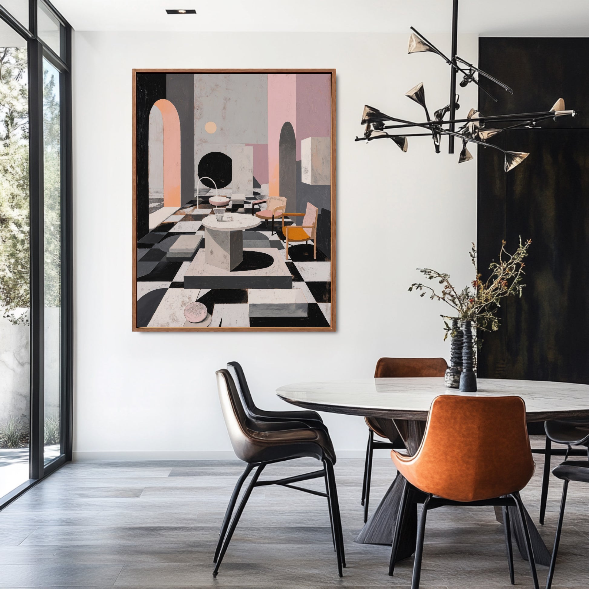 Statement color original art above a sleek table brings dramatic contrast to the white walls and geometric black chandelier in the dining space.