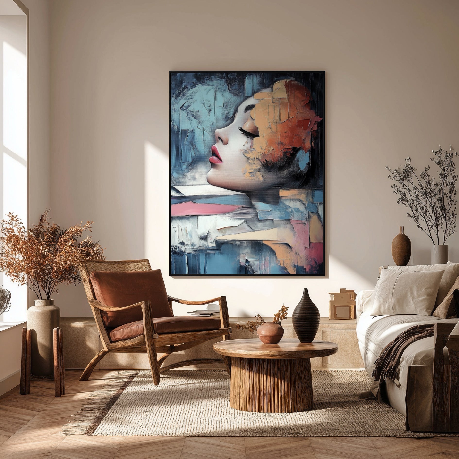 Textured abstract portrait of a woman. Wall art for a bohemian-style living room. Creates a warm, contemplative, and earthy atmosphere.