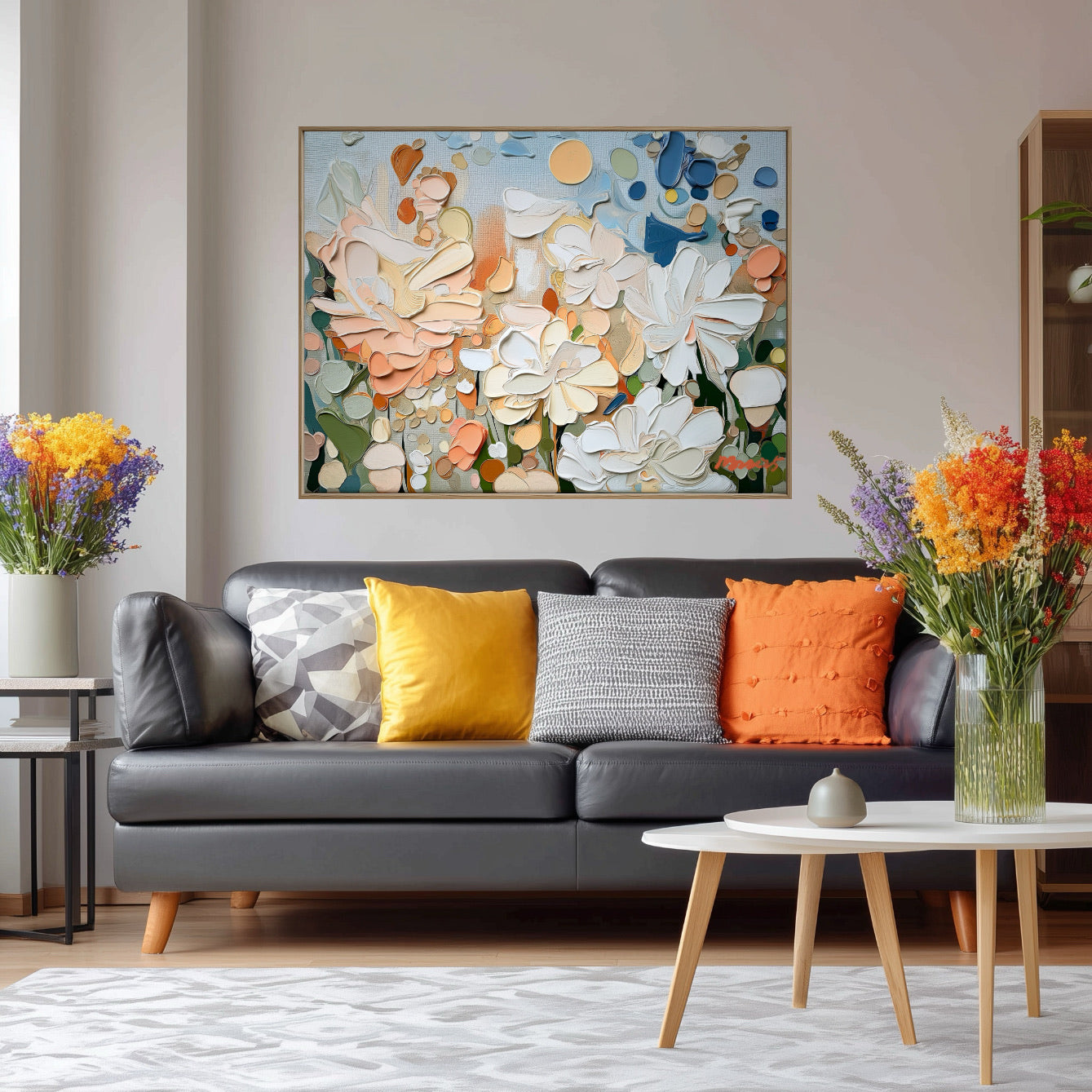 Textured floral artwork enhances a contemporary living space, contrasting beautifully with the concrete wall, clean lines, and chic white sectional.