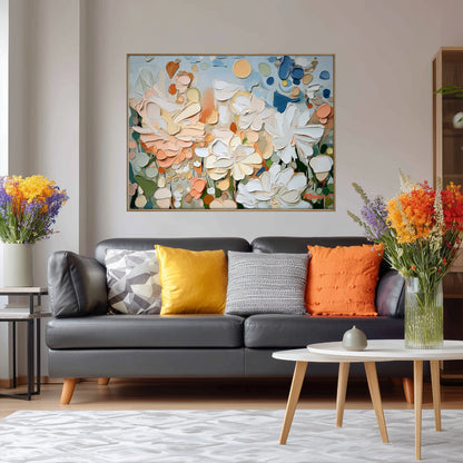 Textured floral artwork enhances a contemporary living space, contrasting beautifully with the concrete wall, clean lines, and chic white sectional.