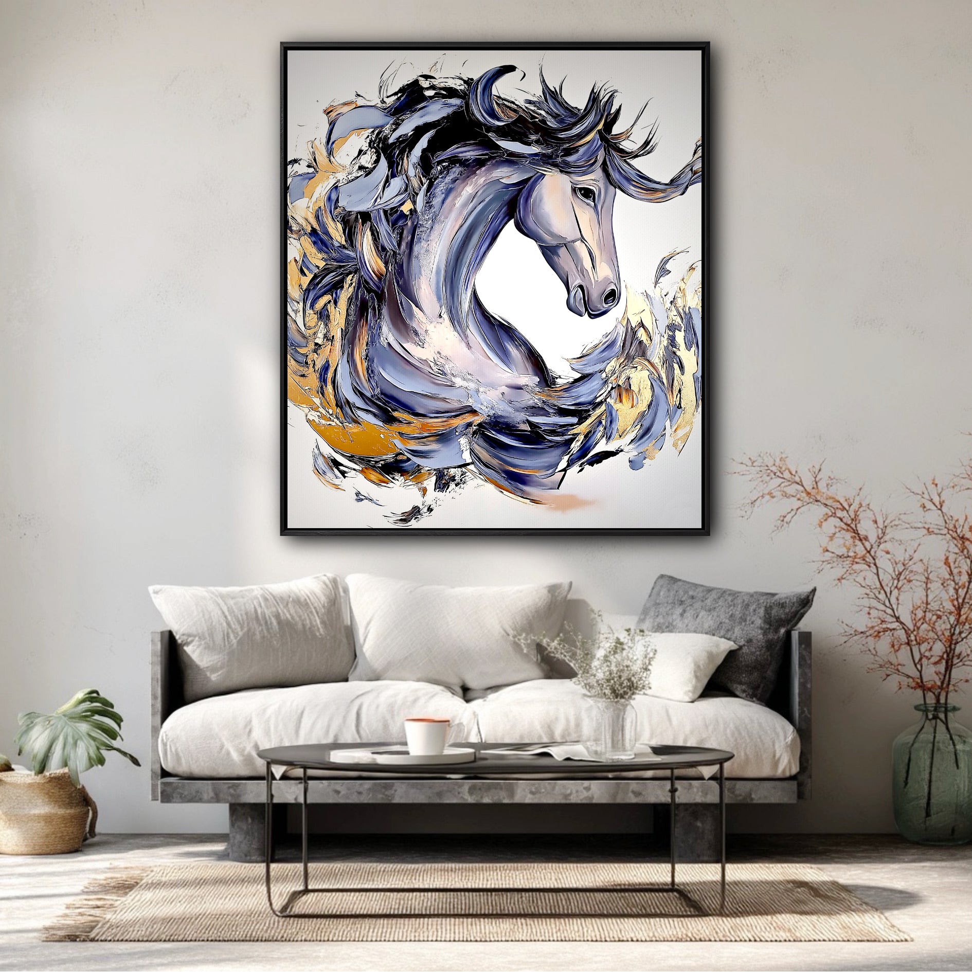 A large blue and gold horse painting acts as the main focal point, adding vibrant color to a neutral modern room with a white sofa.