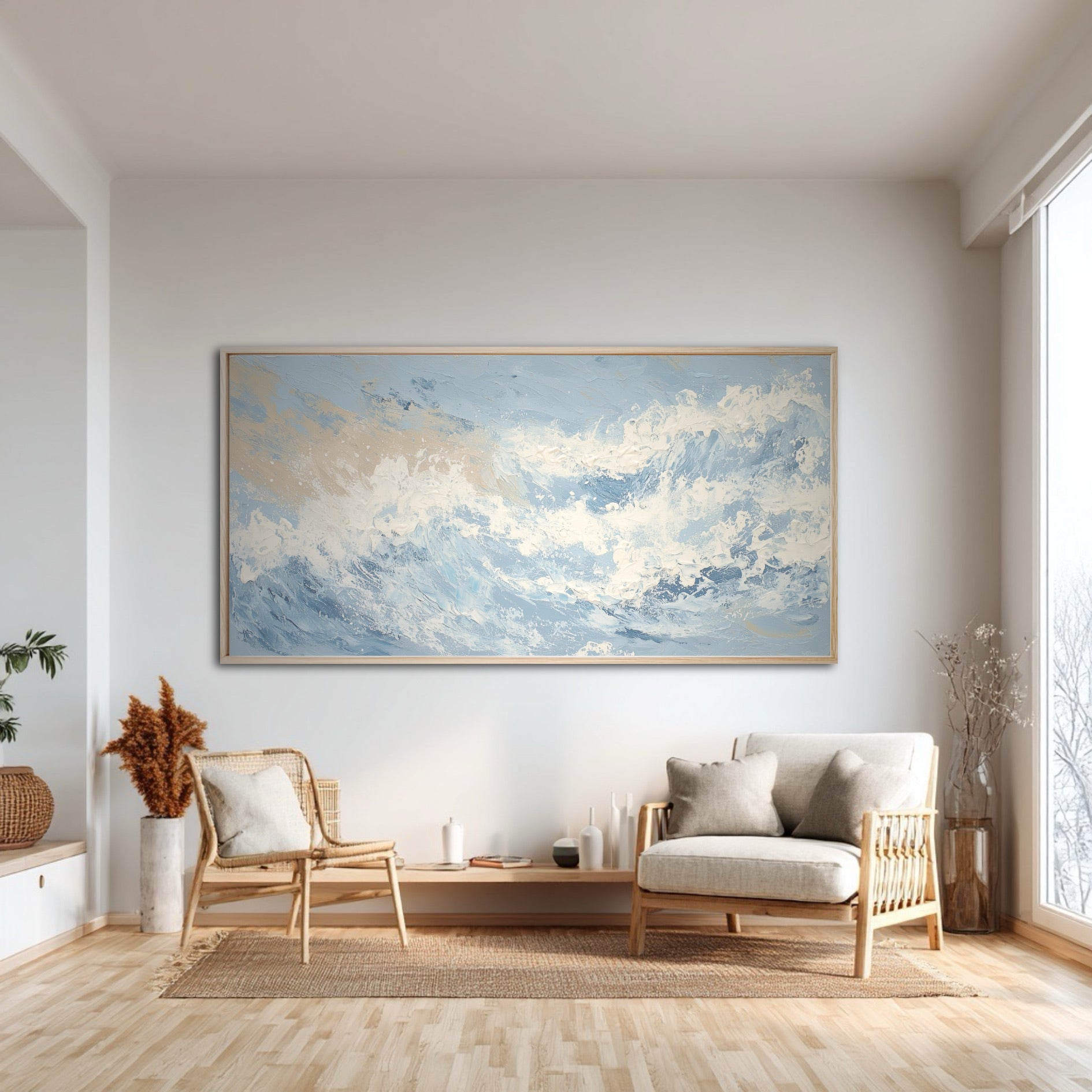 The coastal painting's airy blue and sand tones perfectly complement the natural rattan chairs and boho decor of this bright living space.