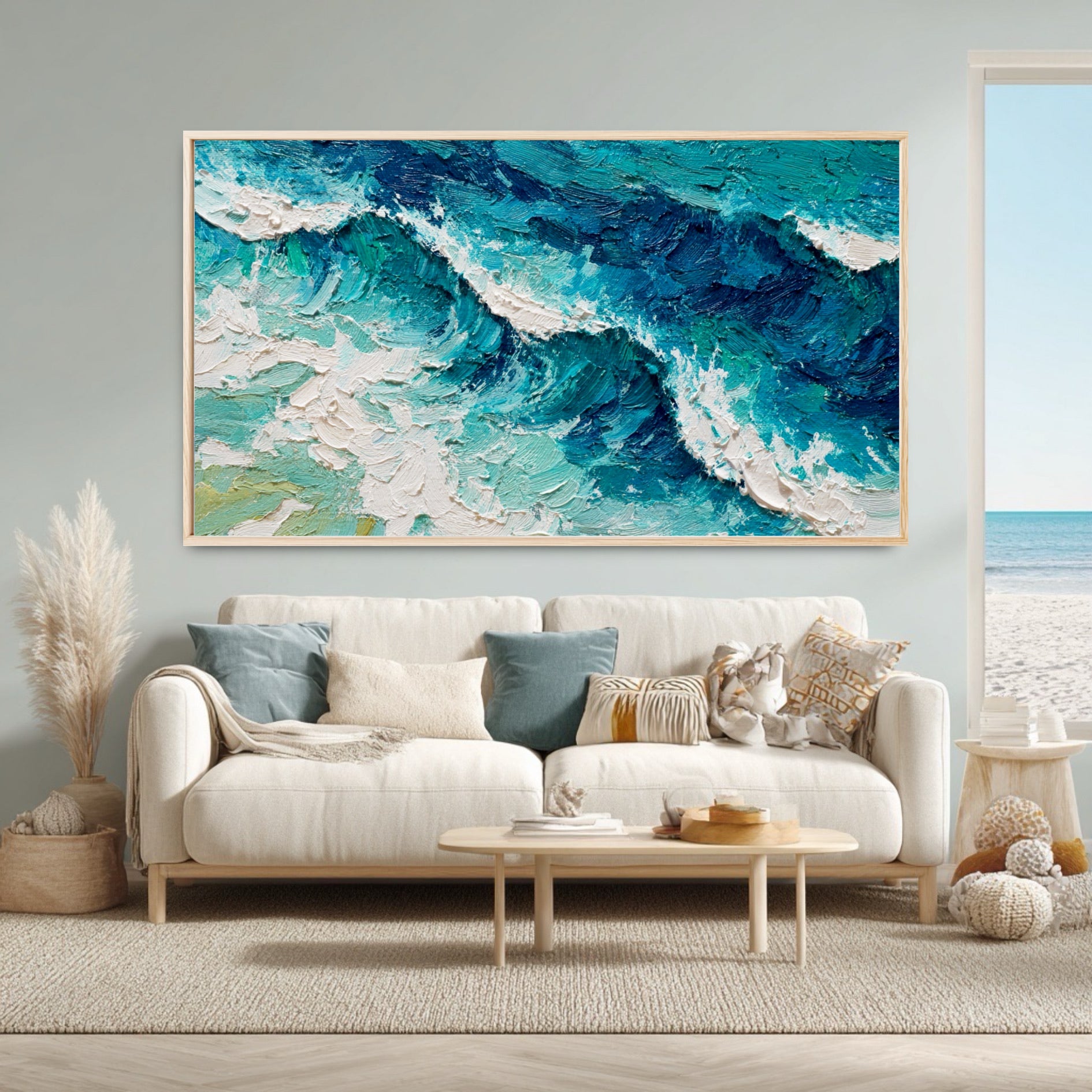 The abstract ocean painting's texture and colors perfectly match the coastal boho decor and the room's actual ocean view.