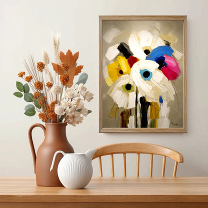 Vibrant floral canvas displayed in a natural dining space. Rustic wood and dried botanicals emphasize an organic, warm vibe.