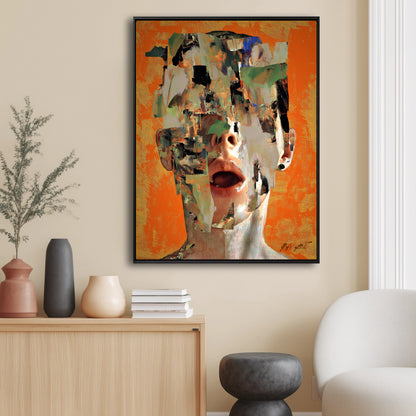 A large abstract painting with a bright orange background hangs above a wooden console table with vases in a minimalist, beige room.