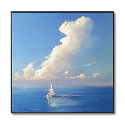 Original oil painting of a white sailboat on the ocean, with a large, textured white cloud dominating the blue sky.