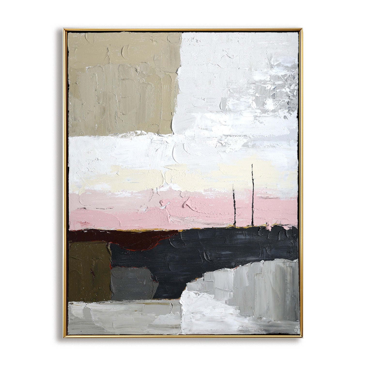 Original abstract landscape painting: thick impasto texture with neutral grays, white, black, and a touch of warm pink.