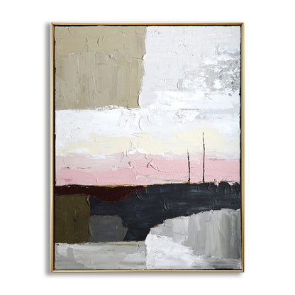 Original abstract landscape painting: thick impasto texture with neutral grays, white, black, and a touch of warm pink.