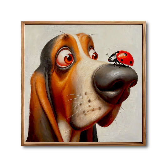Close-up of an original painting showing a Basset Hound with big red eyes looking cross-eyed at a ladybug on its nose.