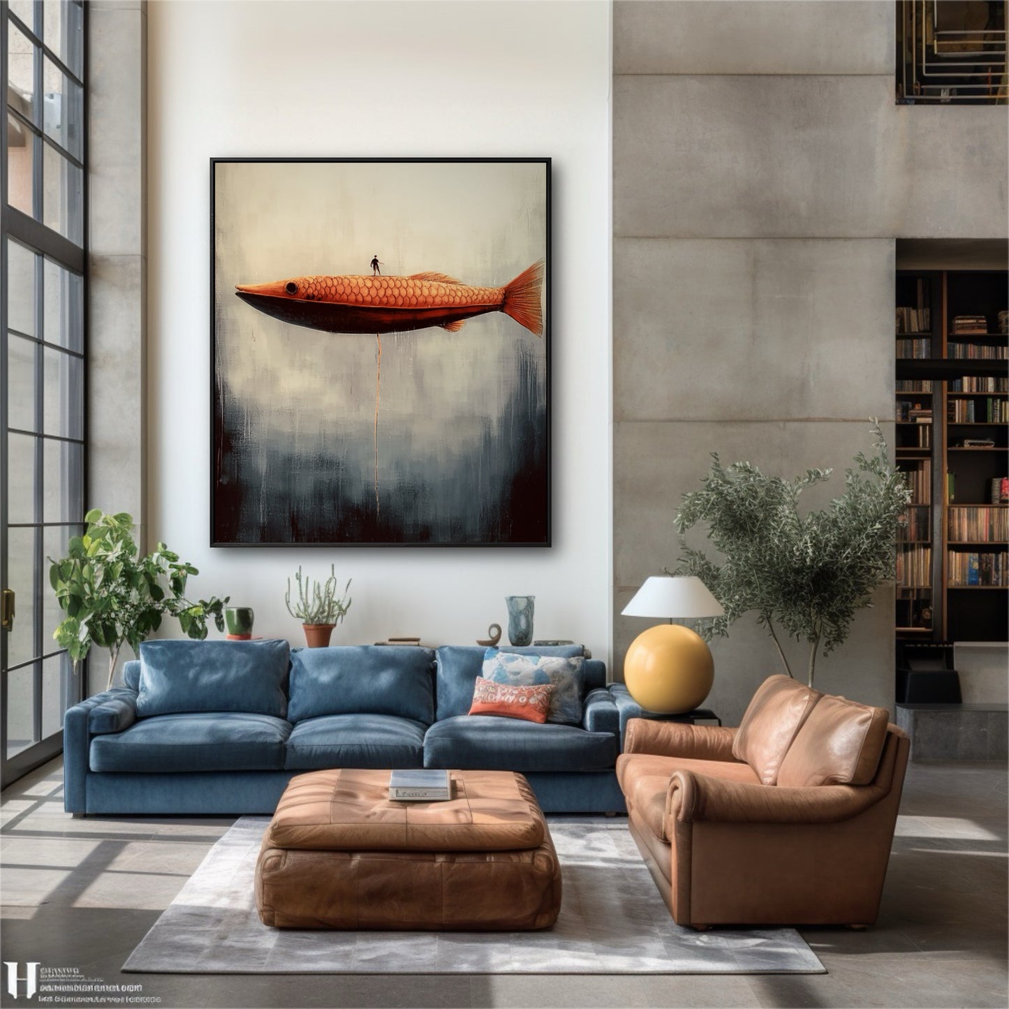The large painting's vibrant orange fish provides a warm, striking contrast to the cool blue sofa in this modern, industrial-style room.