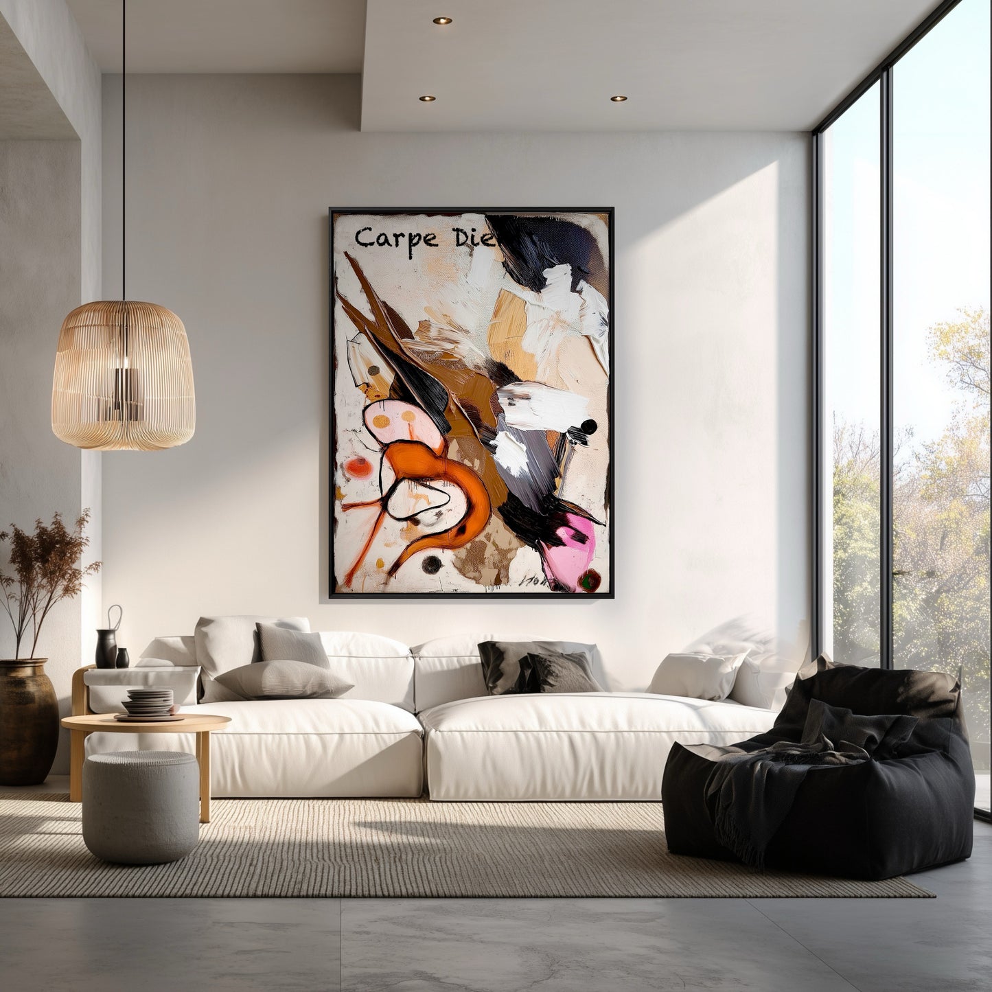 Large original "Carpe Diem" painting in a bright, modern living room with a tall window, white sectional, and bean bag chair.