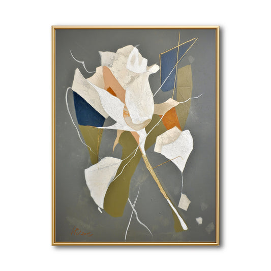 Original abstract white flower painting. Modern geometric floral art on grey canvas with navy and gold accents.