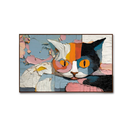 Original abstract Calico cat painting, impasto texture blue, pink, orange feline art, modern hand-painted animal portrait.