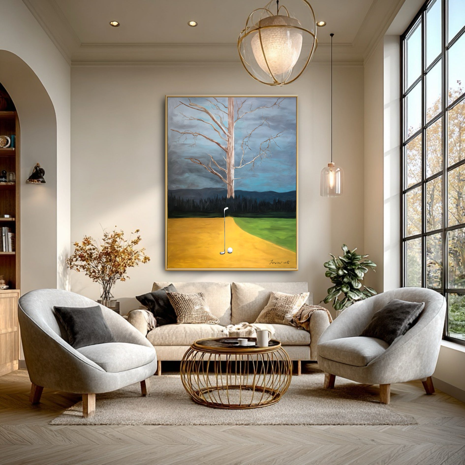 Original surreal golf landscape art in a minimalist sitting area. Warm yellow tones balance the cool grey modern chairs.