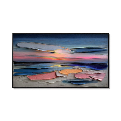 Original textured impasto abstract seascape oil painting. Dramatic sunset art with cool/warm tones, bold clouds, modern hand-painted wall decor.