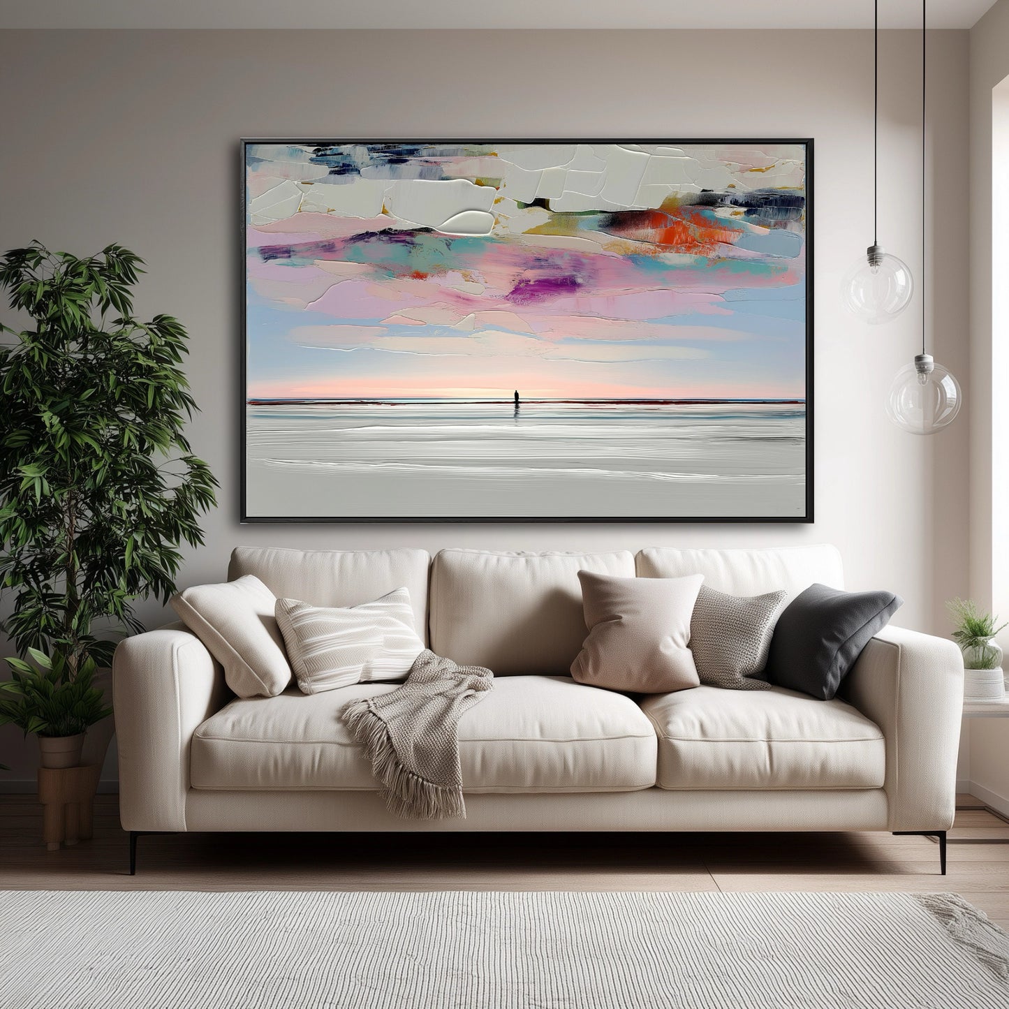 A large, colorful abstract painting provides a focal point above a beige sofa in a minimalist, neutral living room.
