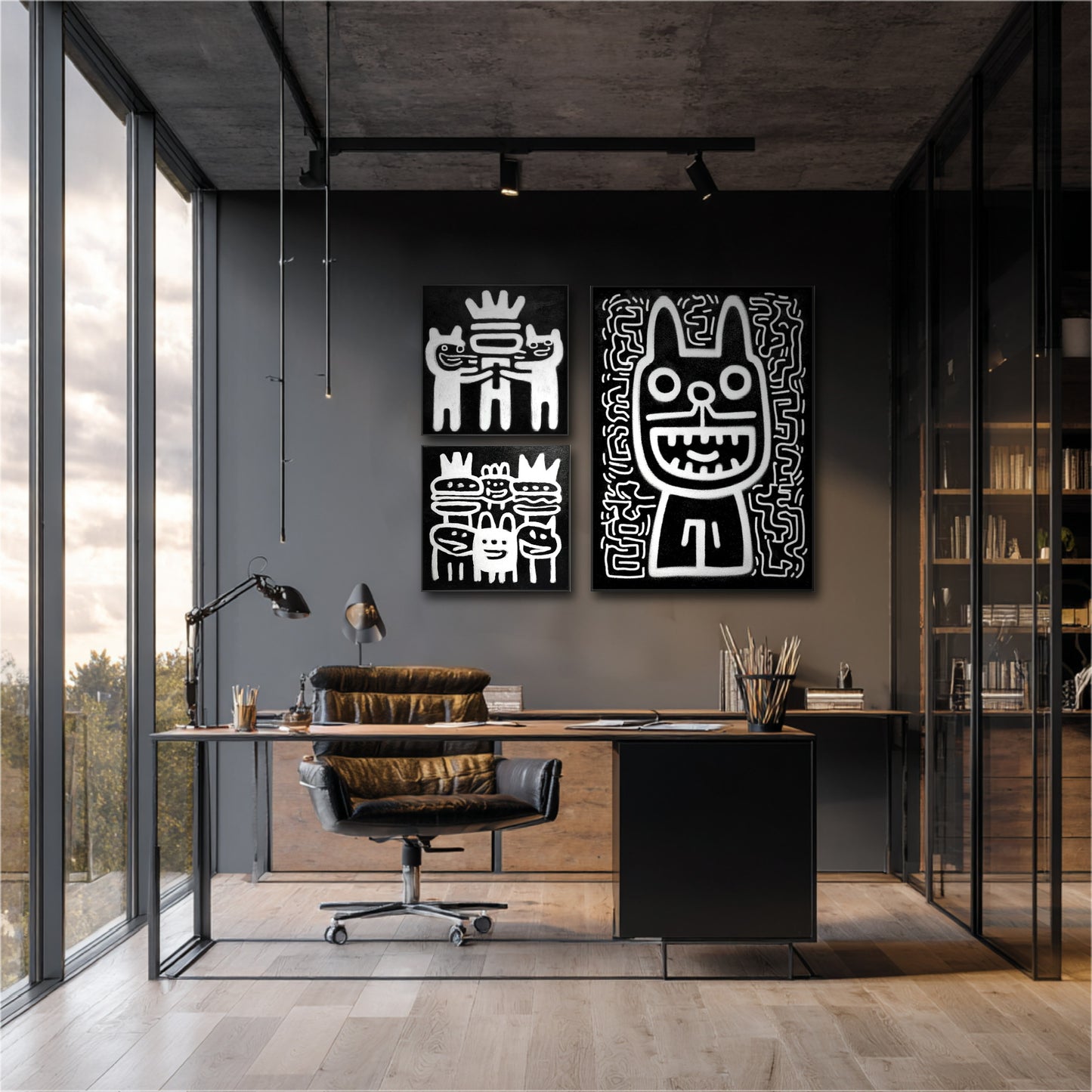 High-contrast black and white abstract art in a dark, moody home office with a large window, leather chair, and exposed ceiling.