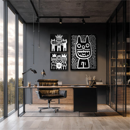 High-contrast black and white abstract art in a dark, moody home office with a large window, leather chair, and exposed ceiling.