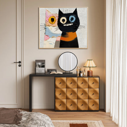 Modern abstract cat art above a sleek black vanity with wood drawers; a bold, expressive focal point for contemporary bedroom decor.