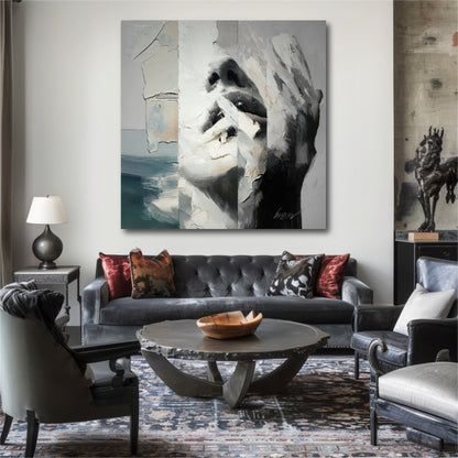 A large textured abstract portrait painting hangs above a tufted gray sofa in a sophisticated, eclectic living room.